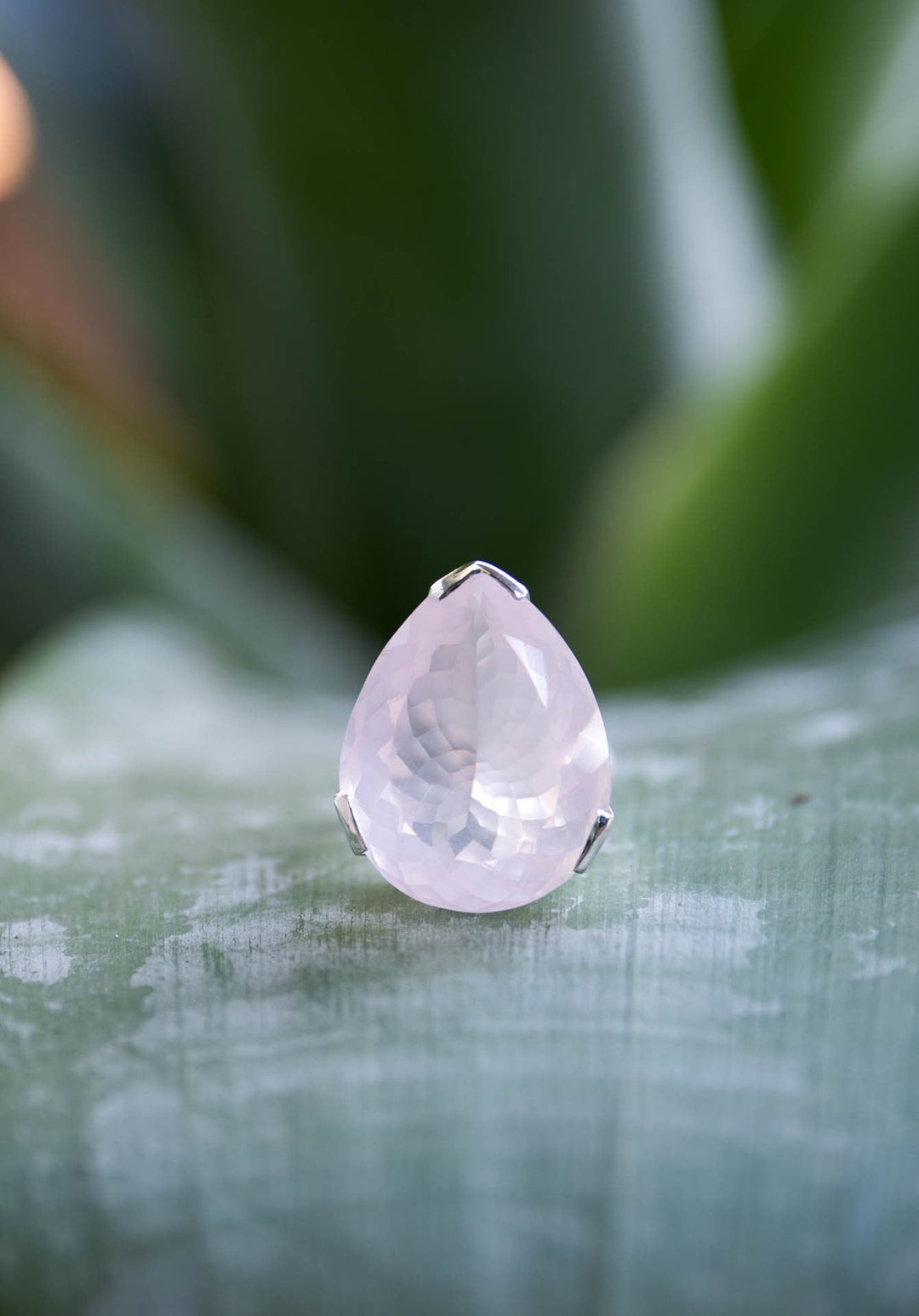 Teardrop Rose Quartz Ring in Sterling Silver Unique Setting - Size 9 US