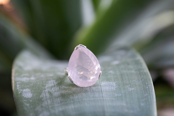 Teardrop Rose Quartz Ring in Sterling Silver Unique Setting - Size 9 US