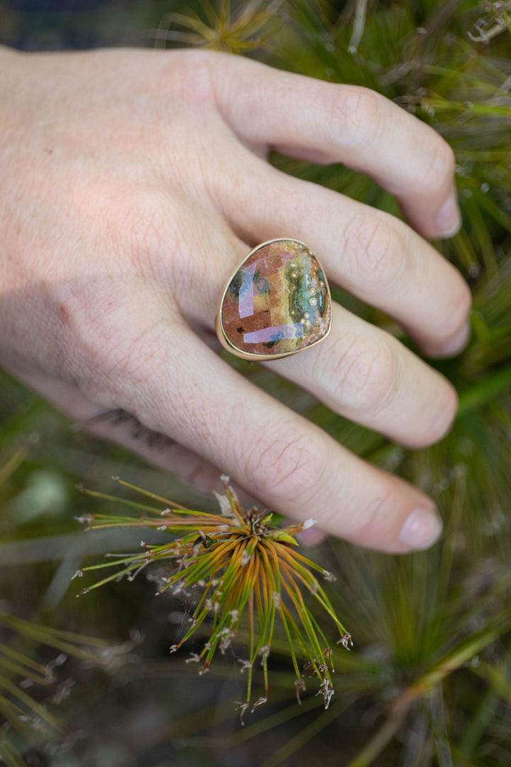 Ocean Jasper Ring with Adjustable Band in 14k Gold Plated Sterling Silver