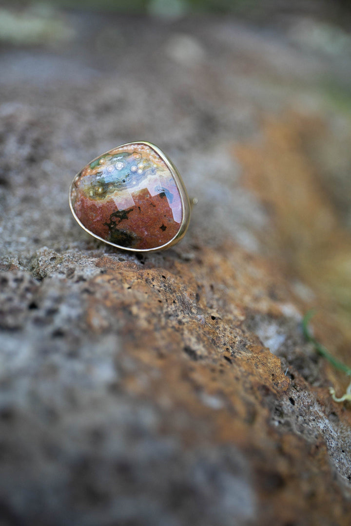 Ocean Jasper Ring with Adjustable Band in 14k Gold Plated Sterling Silver