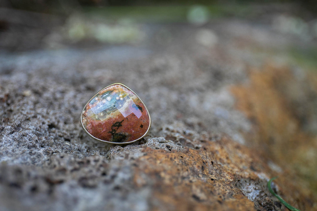 Ocean Jasper Ring with Adjustable Band in 14k Gold Plated Sterling Silver