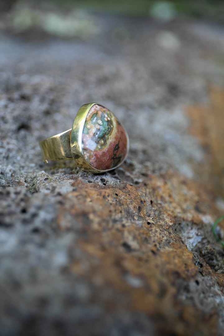 Ocean Jasper Ring with Adjustable Band in 14k Gold Plated Sterling Silver