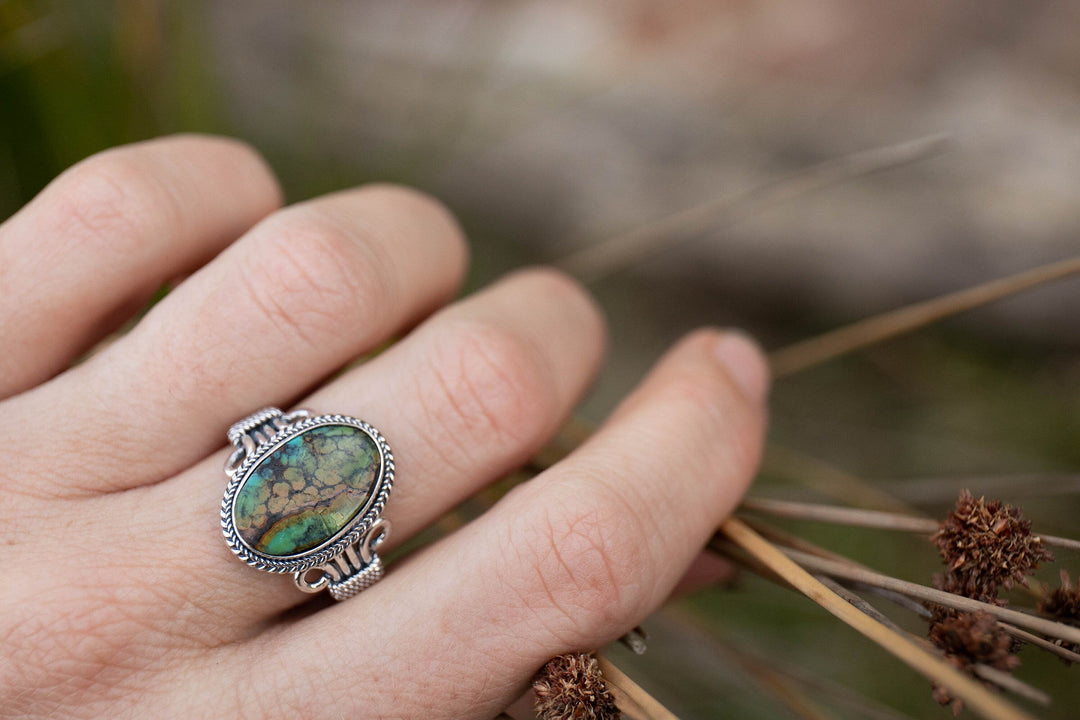 Genuine Turquoise Ring set in Tribal Sterling Silver - Size 9 US