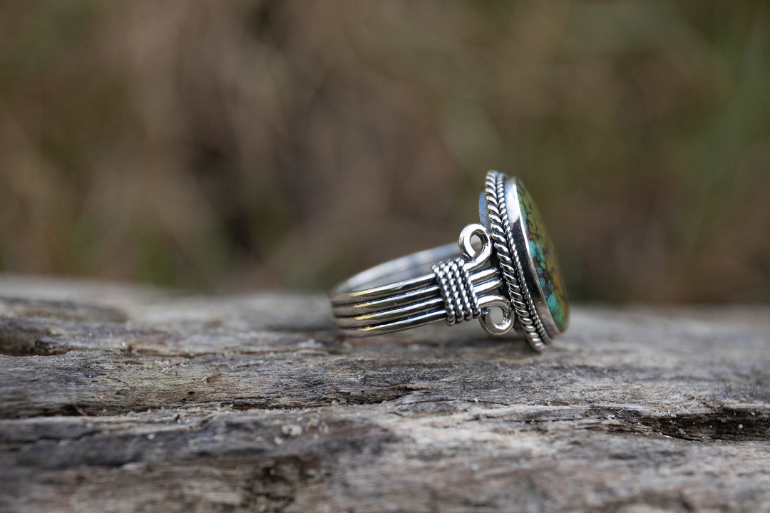 Genuine Turquoise Ring set in Tribal Sterling Silver - Size 9 US