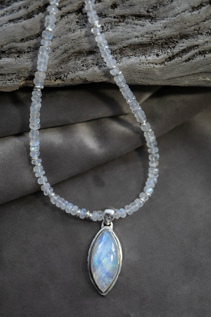 Rainbow Moonstone Pendant on Handmade Beaded Moonstone and Thai Hill Tribe Silver Chain