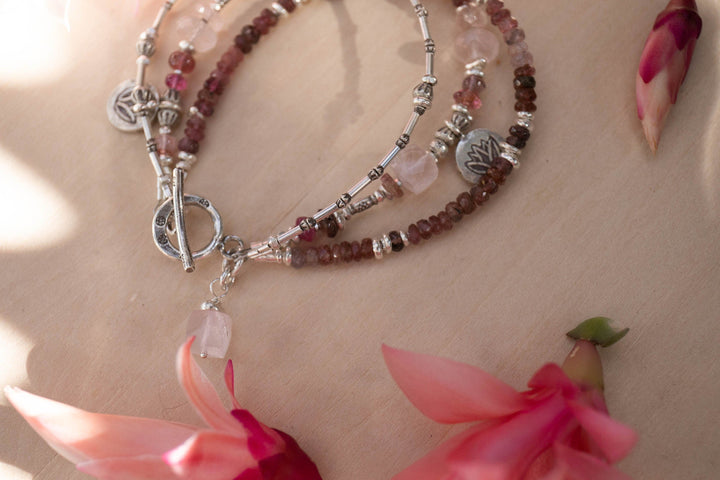 Rose Quartz and Pink Tourmaline with Thai Hill Tribe Silver Triple Strand Beaded Bracelet
