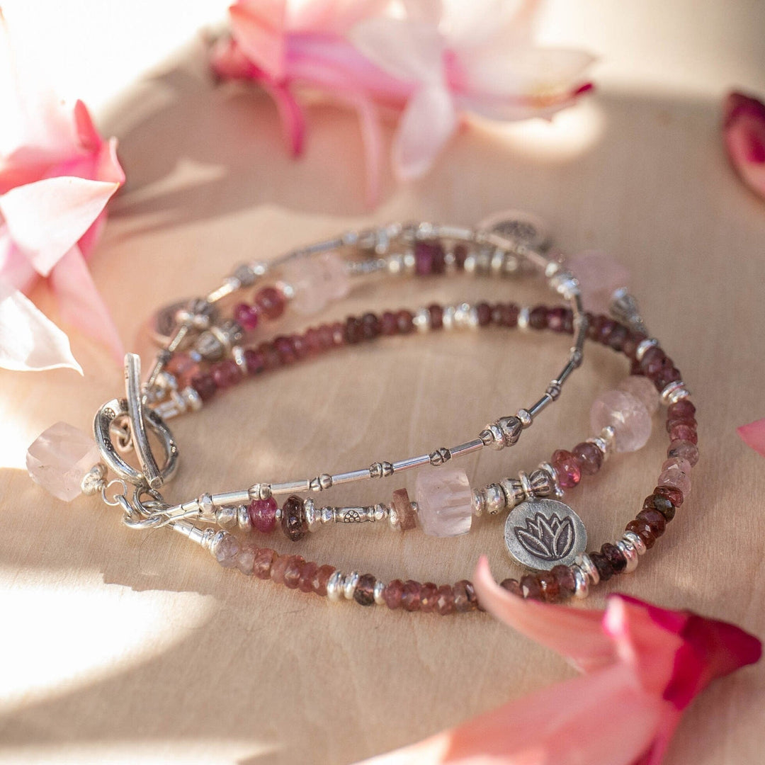 Rose Quartz and Pink Tourmaline with Thai Hill Tribe Silver Triple Strand Beaded Bracelet