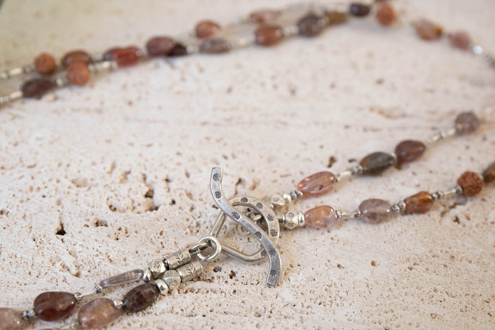Double Strand Spinel Necklace with Rudraksha and Thai Hill Tribe Silver