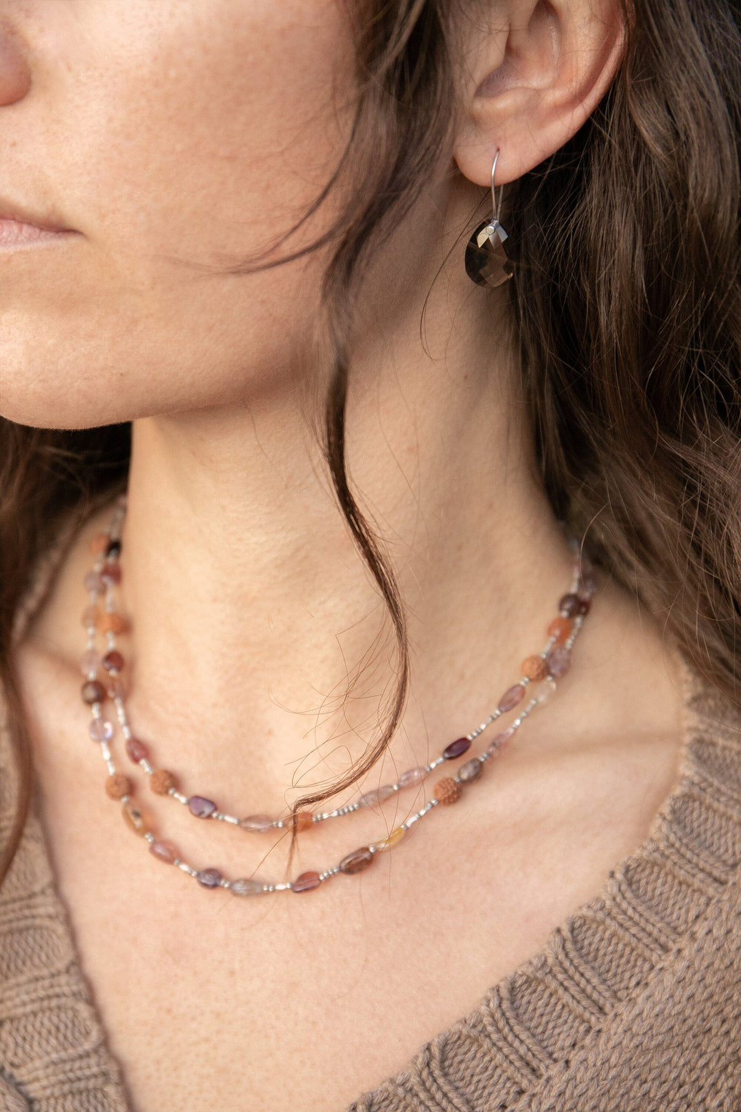 Double Strand Spinel Necklace with Rudraksha and Thai Hill Tribe Silver