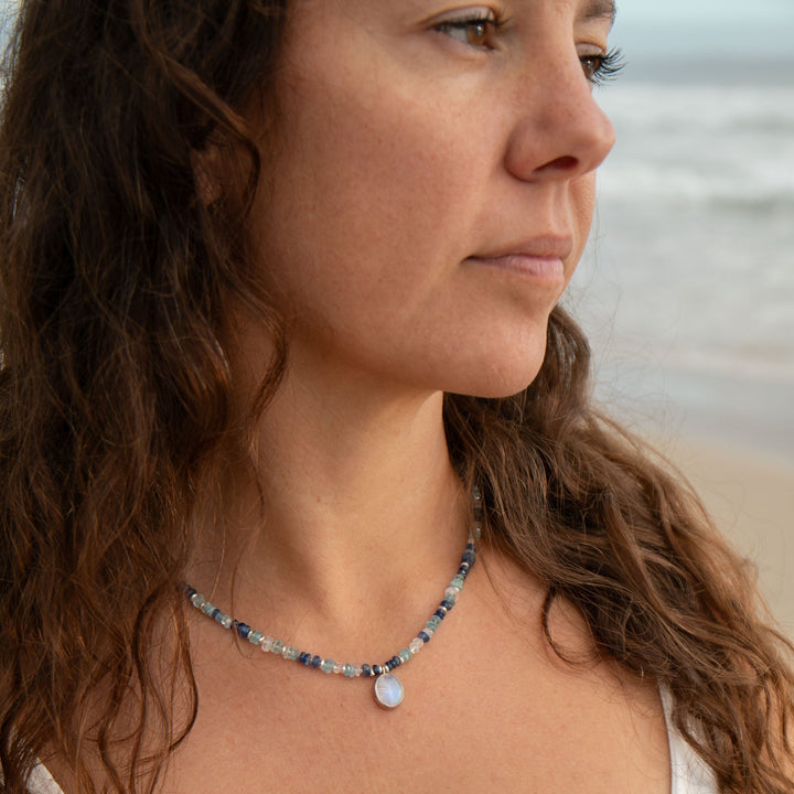 Blue Kyanite, Rainbow Moonstone and Aquamarine Choker Style Necklace