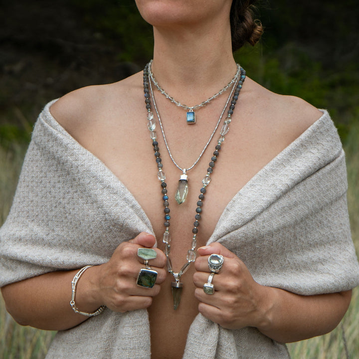 Statement Labradorite, Green Kyanite and Raw + Faceted Green Amethyst Long Necklace