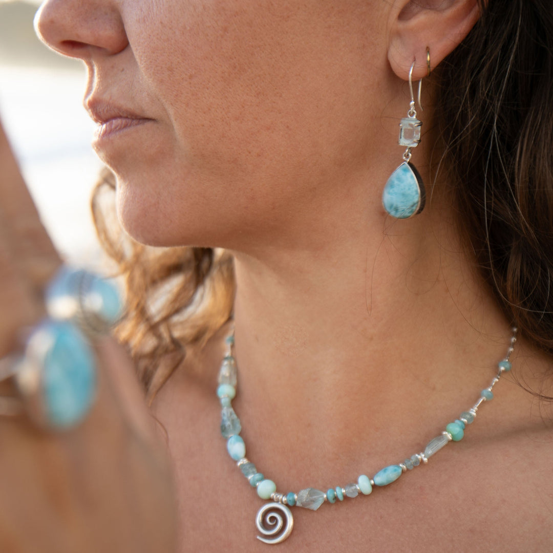 Larimar and Raw Aquamarine Earrings set in Sterling Silver