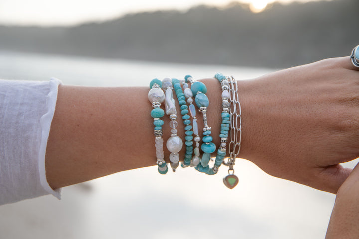 Pearl, Larimar, Amazonite and Rainbow Moonstone Bracelet with Thai Hill Tribe Silver