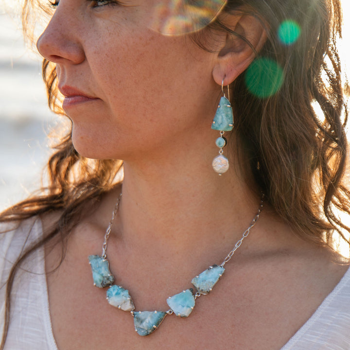 Larimar and Freshwater Pearl Asymmetrical Earrings set in Sterling Silver