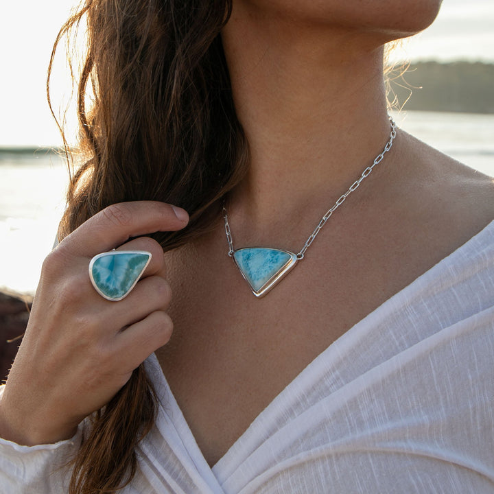 Larimar Pendant in Unique Bezel Setting on Sterling Silver Paperclip Chain