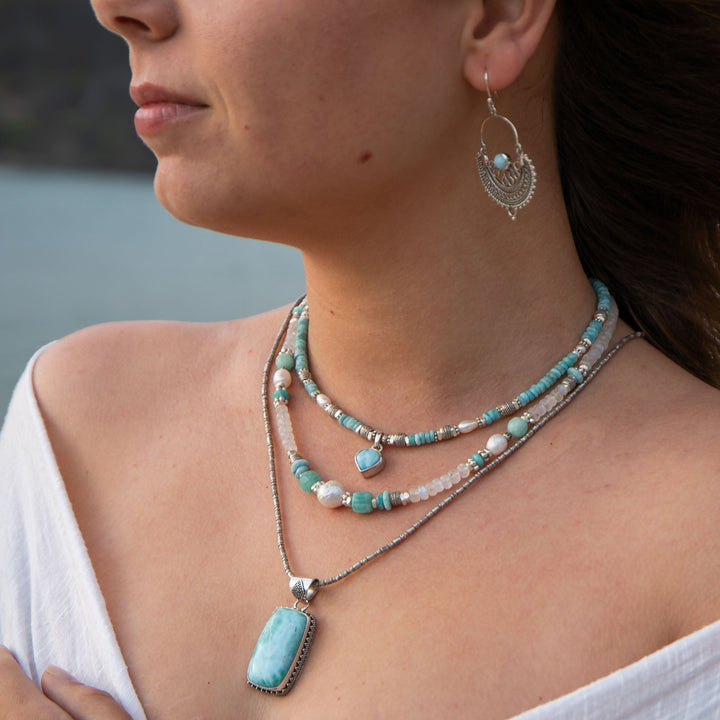 Beaded Larimar Short Necklace with Thai Hill Tribe Silver and Larimar Pendant