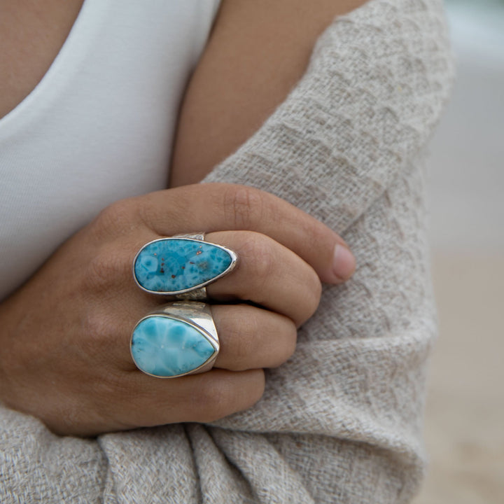 Larimar or Pectolite Ring set in Hammered Sterling Silver with Adjustable Band