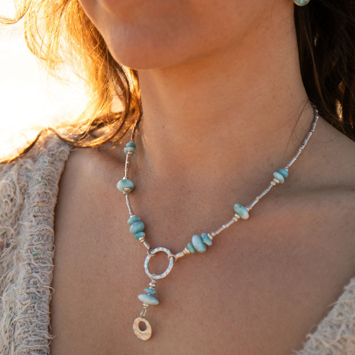 Larimar + Thai Hill Tribe Silver Necklace with Beaten Circle and Charm