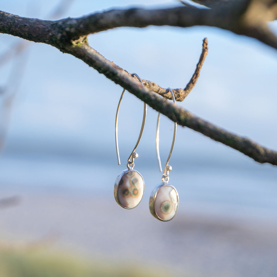 Ocean Jasper on Long Hook Earrings set in 92.5% Sterling Silver