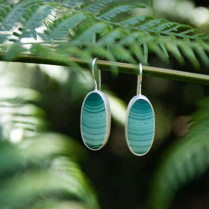 Malachite Earrings in Brushed Sterling Silver Setting