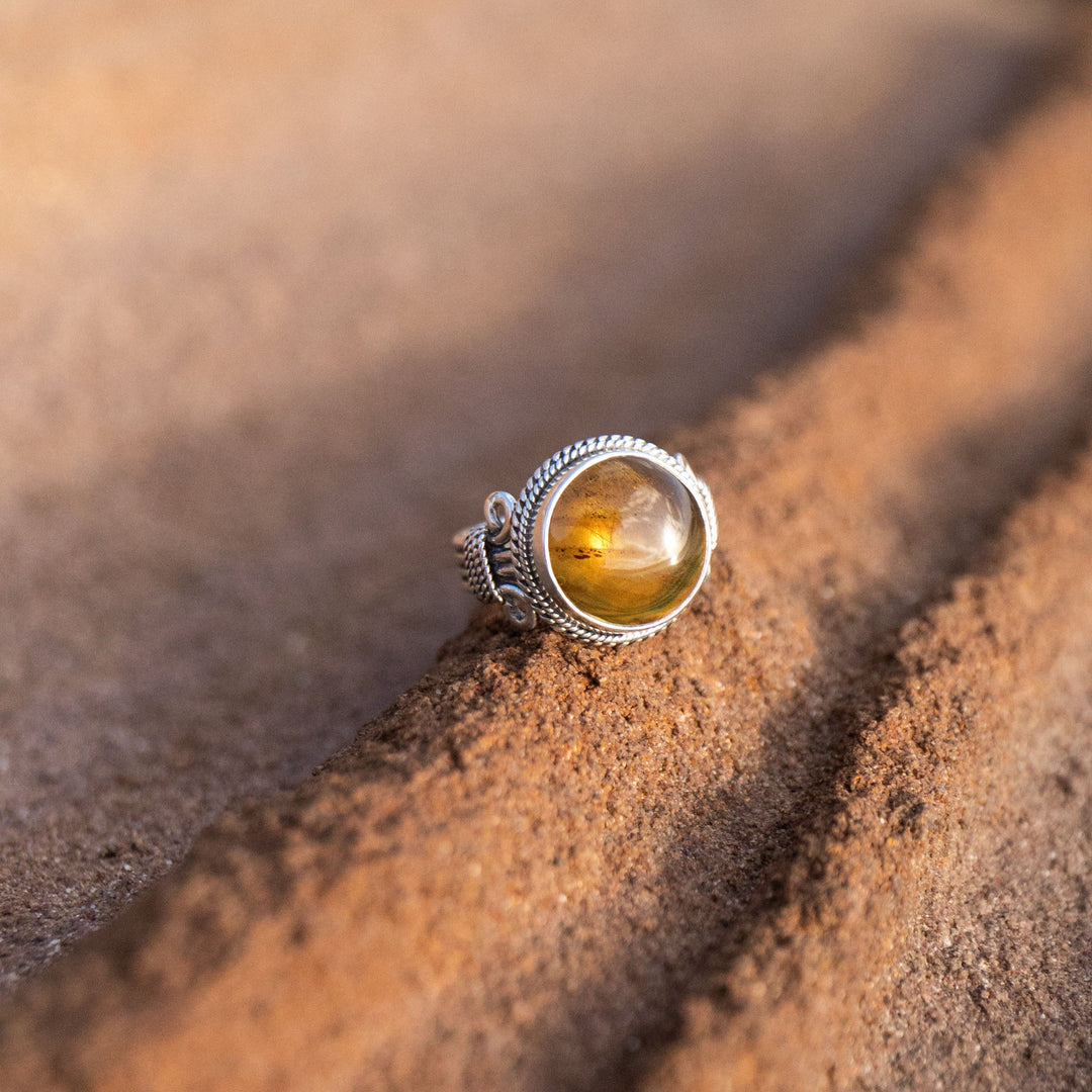 Amber Ring set in Decorative Sterling Silver - Size 8 US