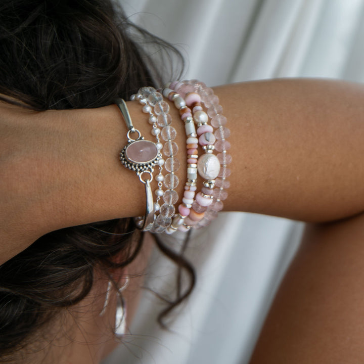 Pink Opal, Rose Quartz and Freshwater Pearl Bracelet with Thai Hill Tribe Silver