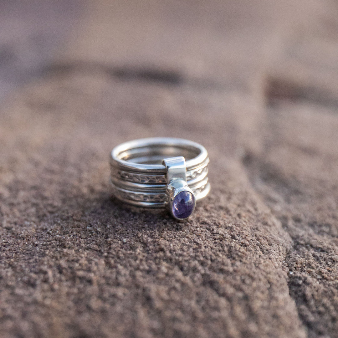 Tanzanite Ring in Beaten Sterling Silver Multi Band Setting - Size 7 US