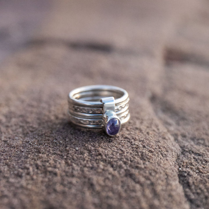 Tanzanite Ring in Beaten Sterling Silver Multi Band Setting - Size 7 US