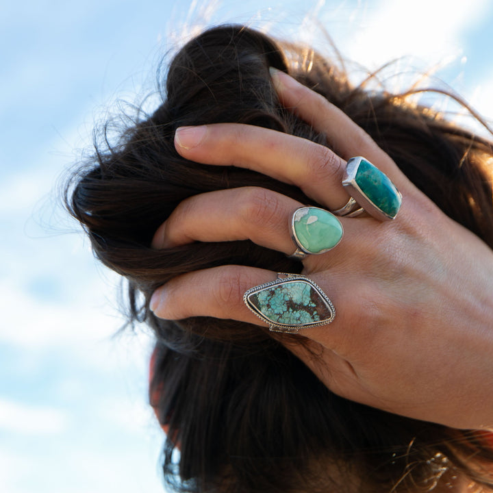 Genuine Turquoise Ring set in Tribal Sterling Silver - Size 9 US
