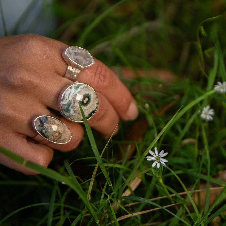 Reserved for Ania*** Ocean Jasper Ring in Beaten Sterling Silver with Adjustable Band