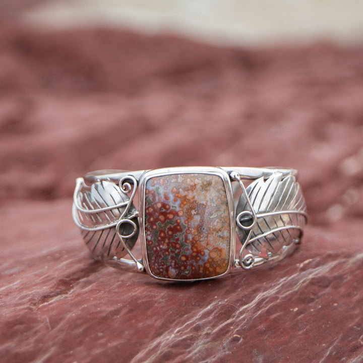 Statement Ocean Jasper Bangle with Sterling Silver Leaf Embellishments