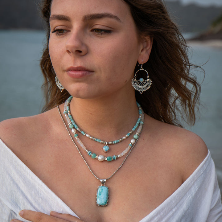 Pearl, Larimar, Amazonite and Rainbow Moonstone Necklace with Thai Hill Tribe Silver