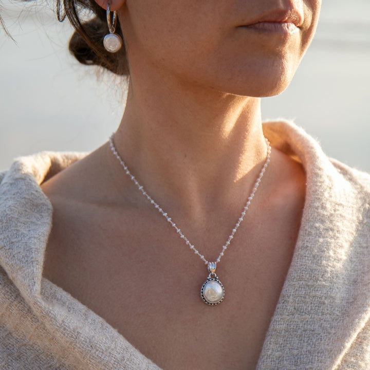 Freshwater Pearl Pendant in Tribal Sterling Silver on Pearl Rosary Chain