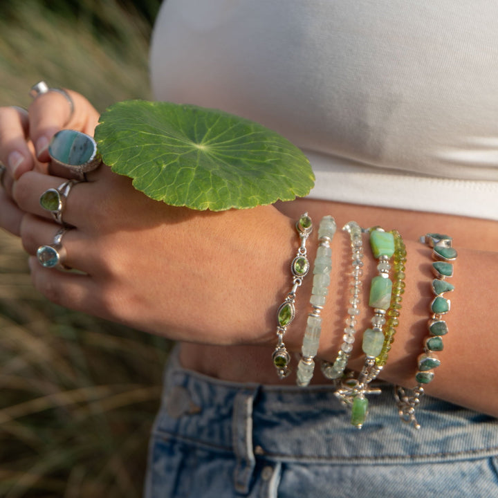 Peruvian Opal, Green Tourmaline & Aquamarine Bracelet with Thai Hill Tribe Silver