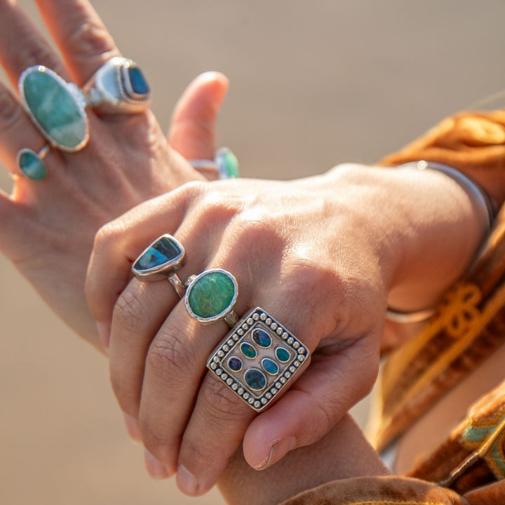 Peruvian Opal Ring set in Beaten Sterling Silver Setting - Size 8 US