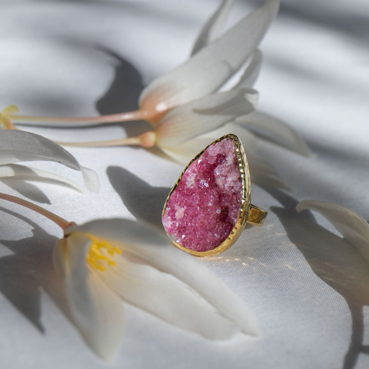 Pink Cobalto Calcite Ring set in Beaten Gold Plated Sterling Silver - Size 8 US