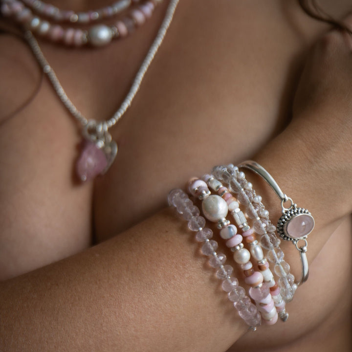 Pink Opal, Rose Quartz and Freshwater Pearl Bracelet with Thai Hill Tribe Silver