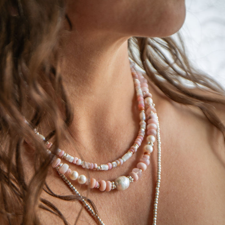 Pink Opal, Rose Quartz and Freshwater Pearl Necklace with Thai Hill Tribe Silver