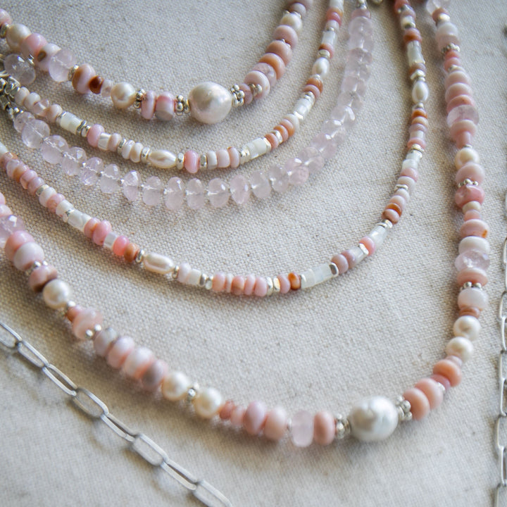 Pink Opal, Rose Quartz and Freshwater Pearl Necklace with Thai Hill Tribe Silver