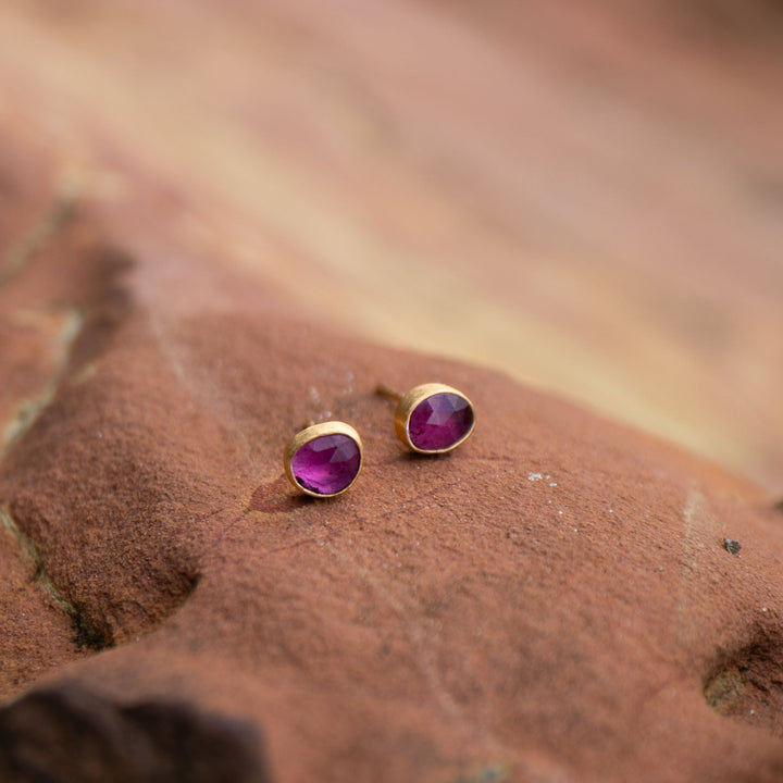 Pink Tourmaline Stud Earrings in Brushed 24k Gold Plated Silver