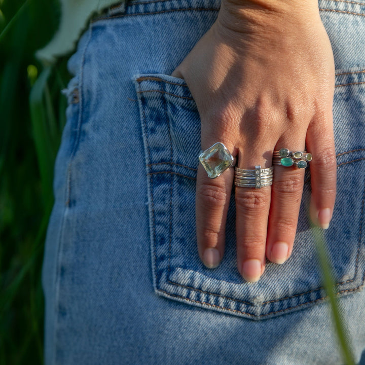 Faceted Green Amethyst (Prasiolite) Ring set in Unique Sterling Silver Setting - Size 9 US