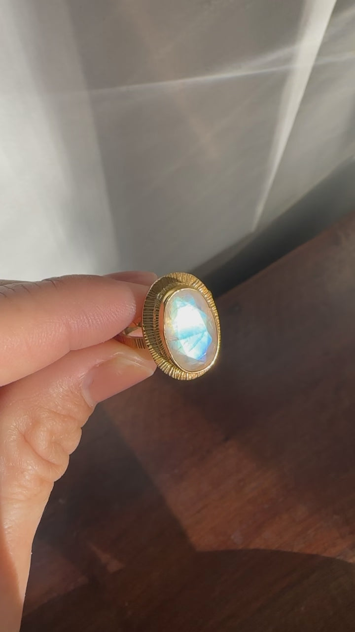 Rainbow Moonston Ring Set in Unique 14k Gold Plated Sterling Silver - Size 7 US