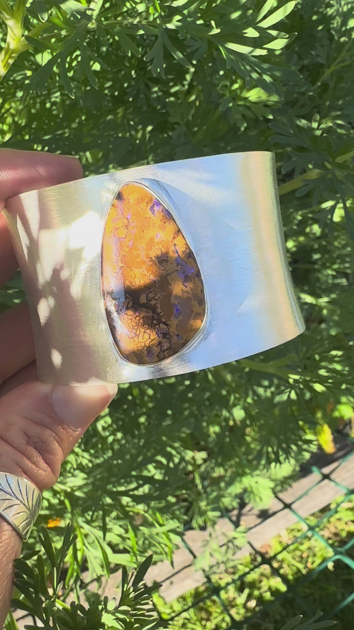 Statement Boulder Opal Bangle in Brushed Sterling Silver