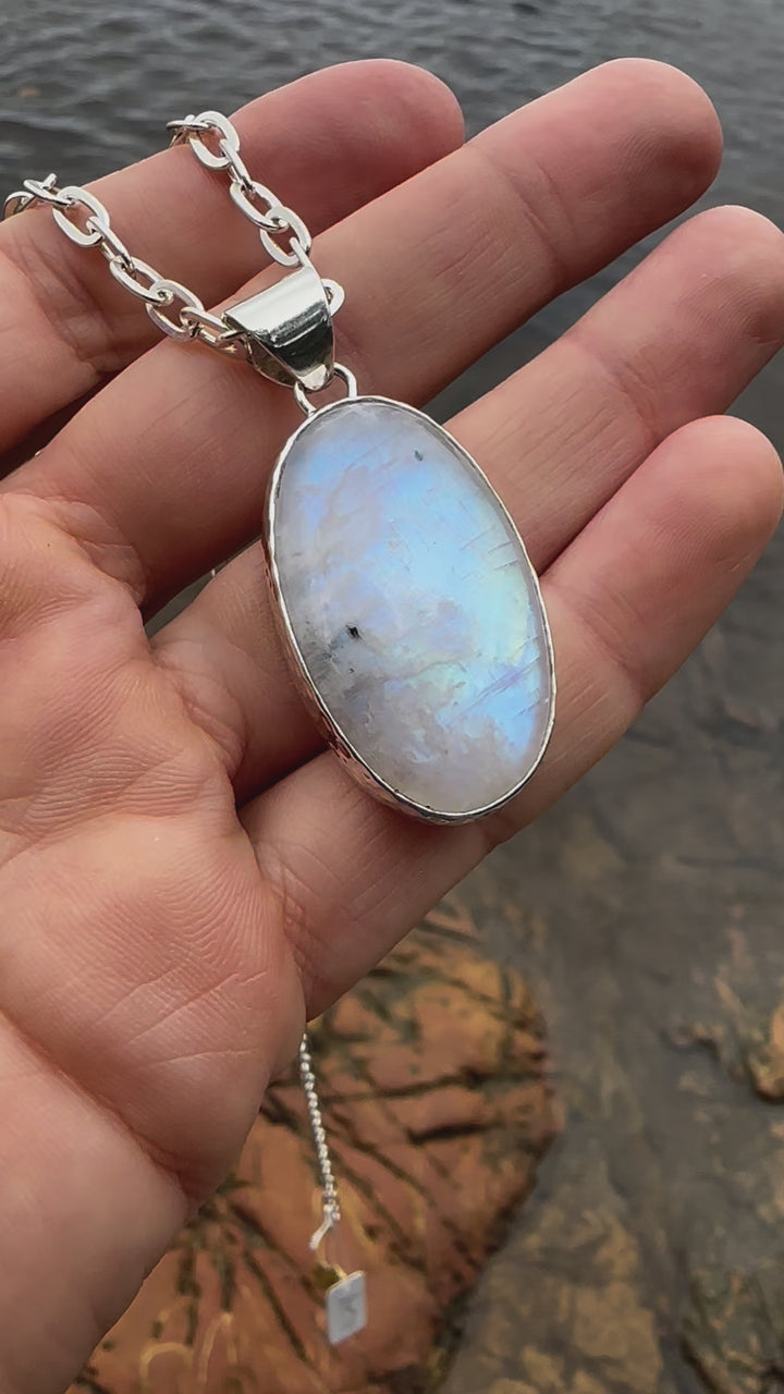 Rainbow Moonstone Pendant in Beaten Sterling Silver Setting