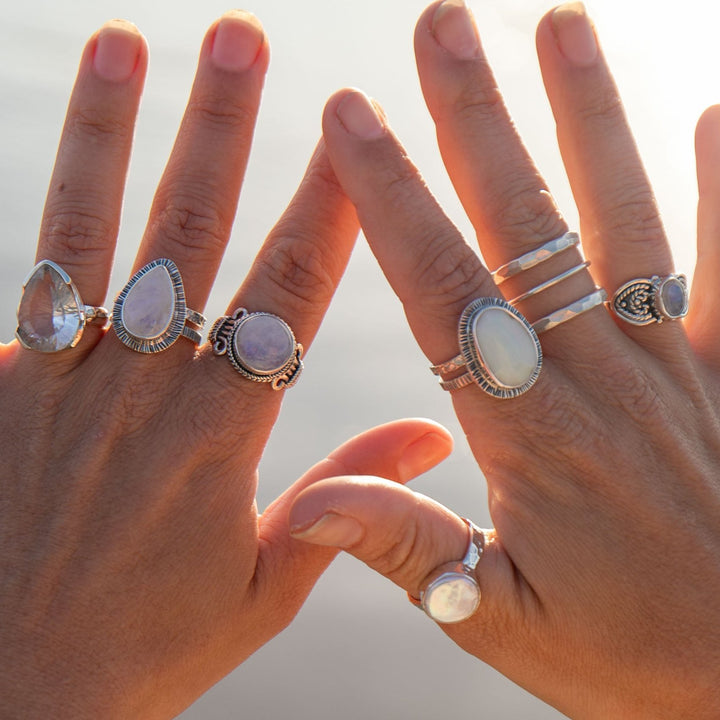 Rainbow Moonstone Ring in Tribal Sterling Silver Setting - Size 7.5 US