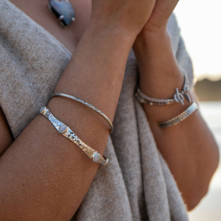 Rainbow Moonstone Bangle in Beaten Sterling Silver