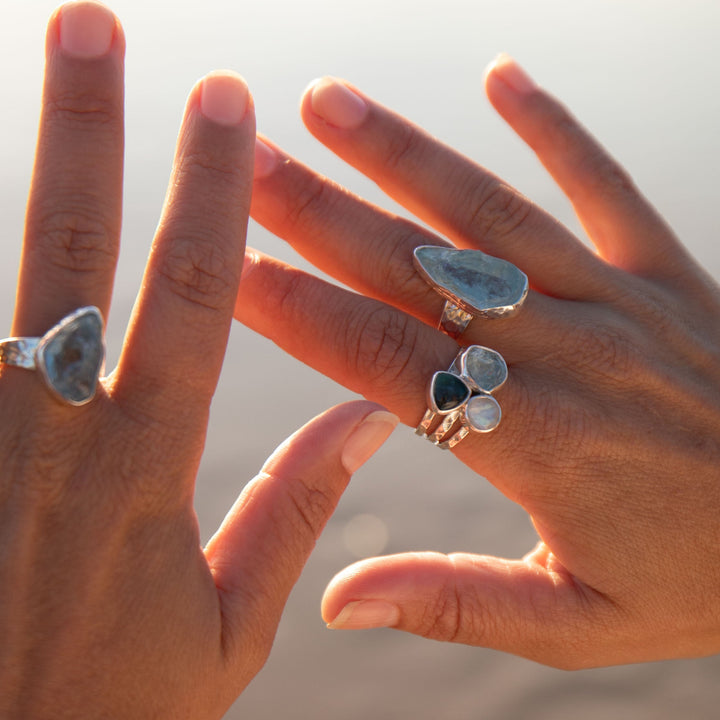Raw Mozambique Aquamarine Ring with Beaten Adjustable Band