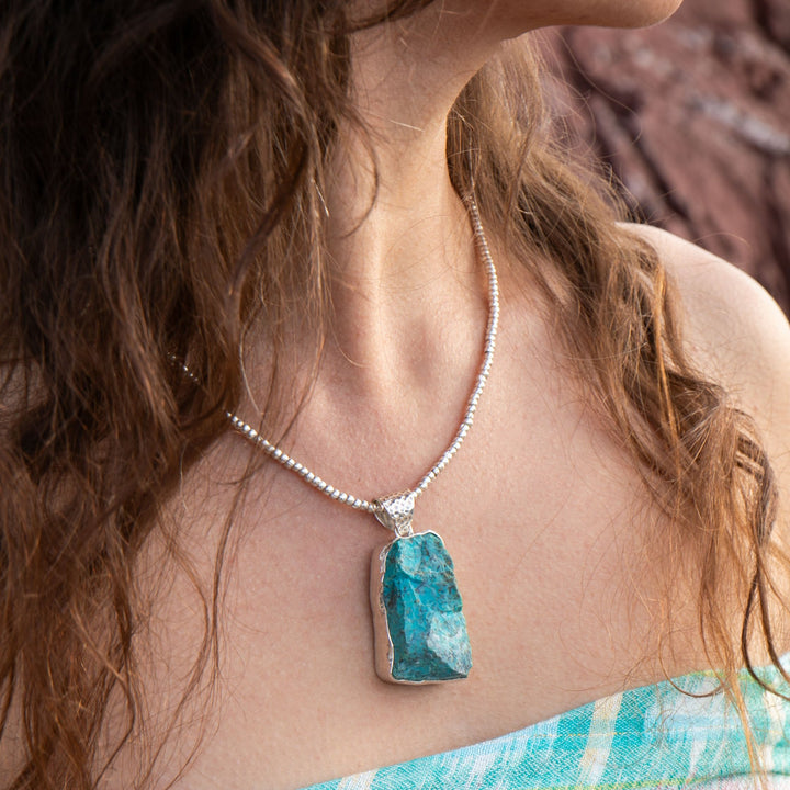 Raw Chrysocolla Pendant in Beaten Sterling Silver