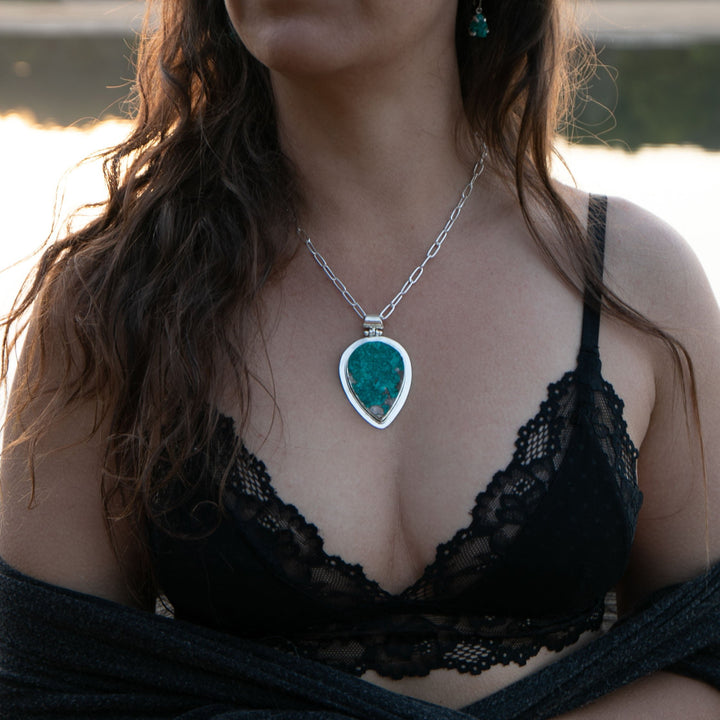 Statement Raw Dioptase Pendant set in Sterling Silver