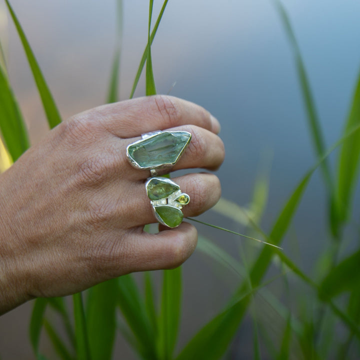 Raw Green Amethyst Ring set in Beaten Sterling Silver - Adjustable